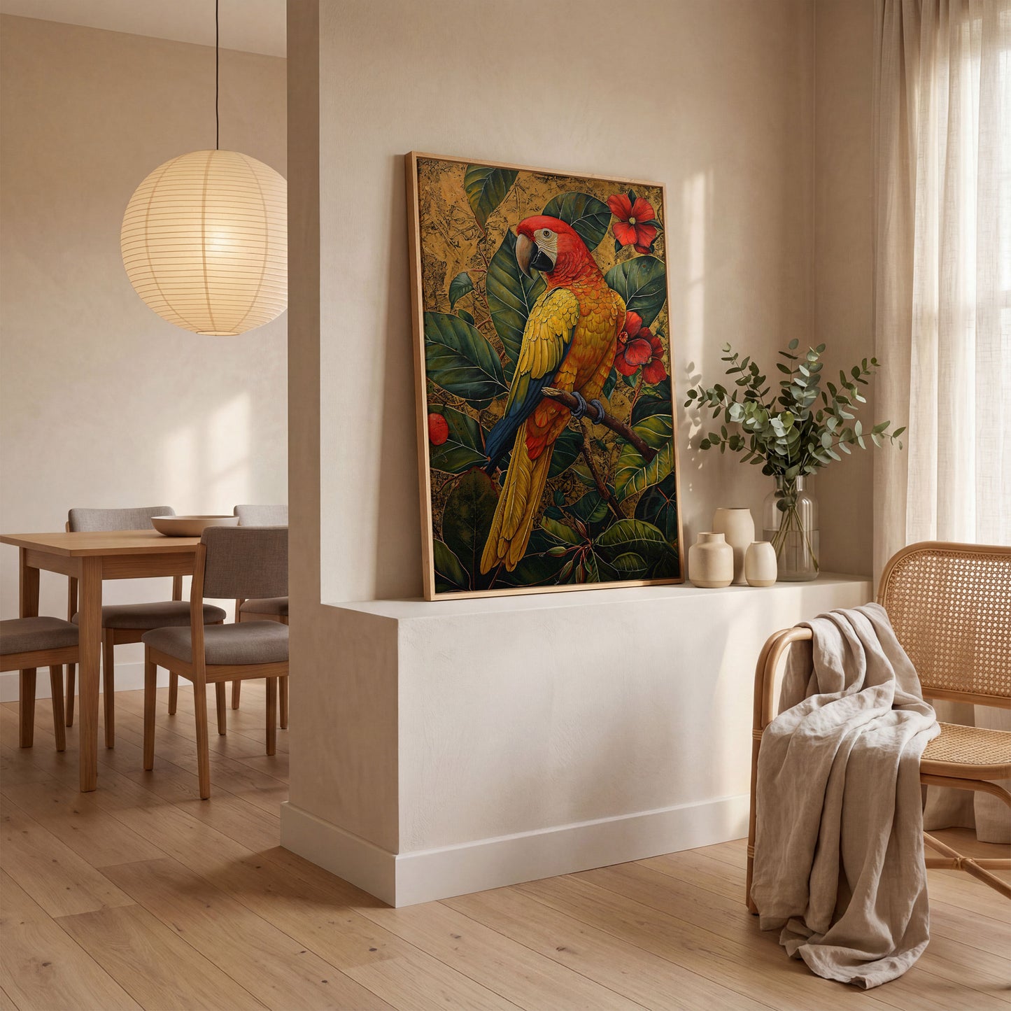 Colorful Macaw in Jungle Foliage Canvas Print in white oak floating frame