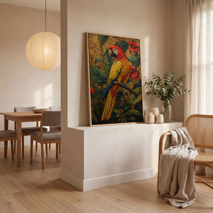 Colorful Macaw in Jungle Foliage Canvas Print in white oak floating frame