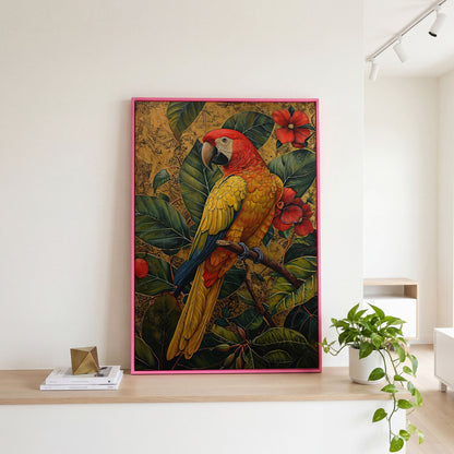 Colorful Macaw in Jungle Foliage Canvas Print in pink floating frame