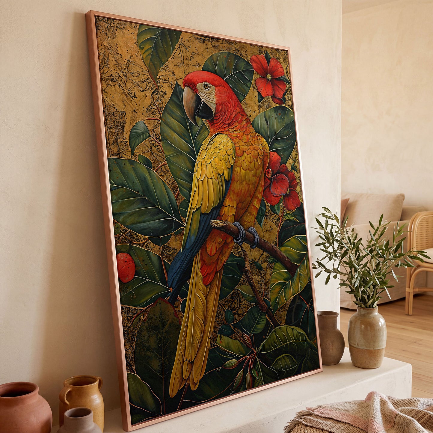 Colorful Macaw in Jungle Foliage Canvas Print in rose gold floating frame