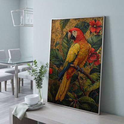 Colorful Macaw in Jungle Foliage Canvas Print in silver floating frame