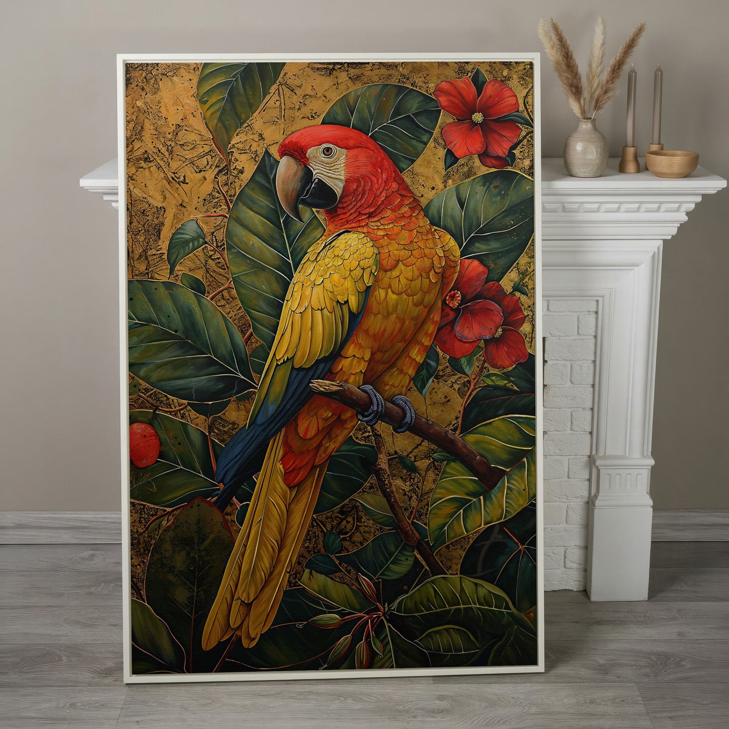 Colorful Macaw in Jungle Foliage Canvas Print in white floating frame