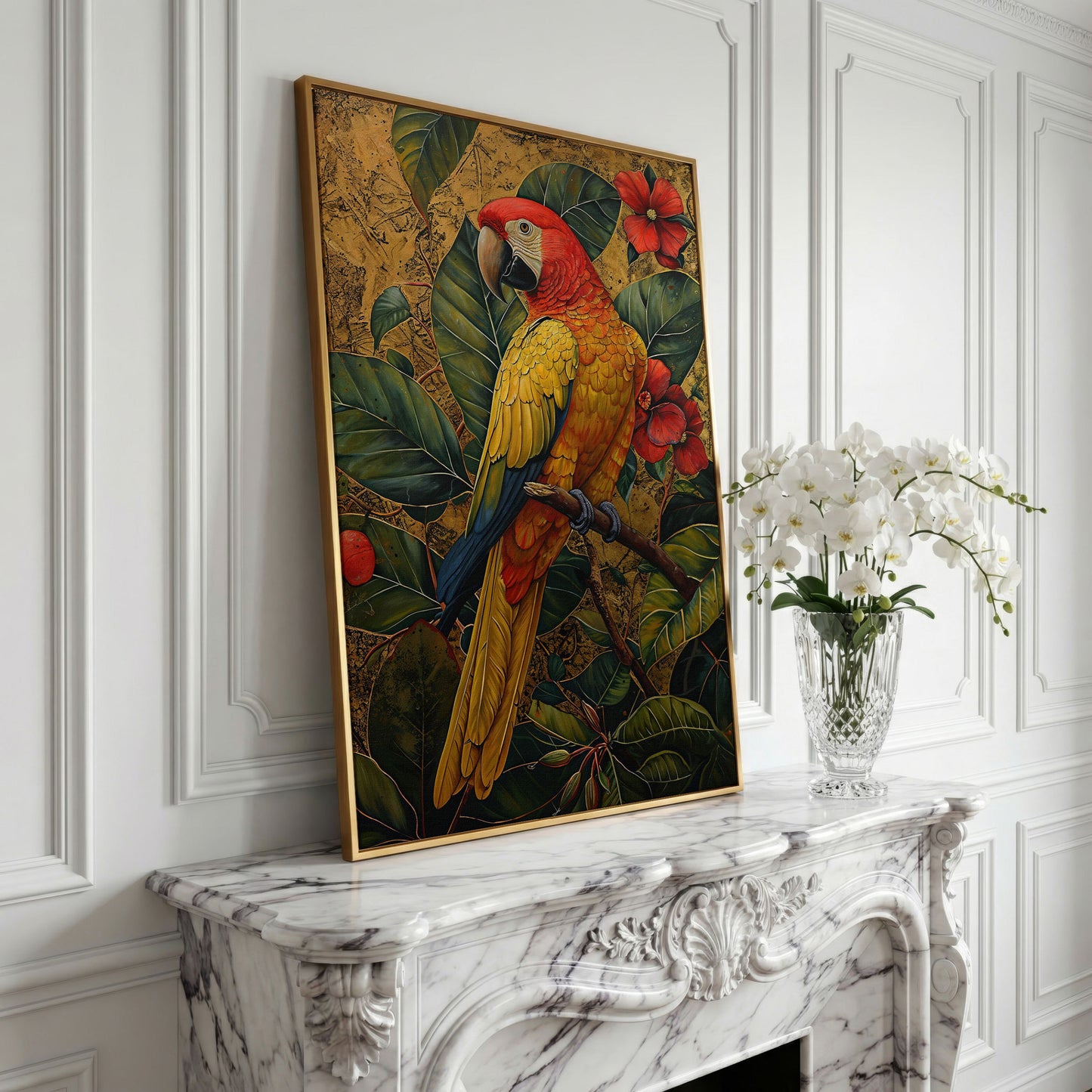 Colorful Macaw in Jungle Foliage Canvas Print in yellow gold floating frame