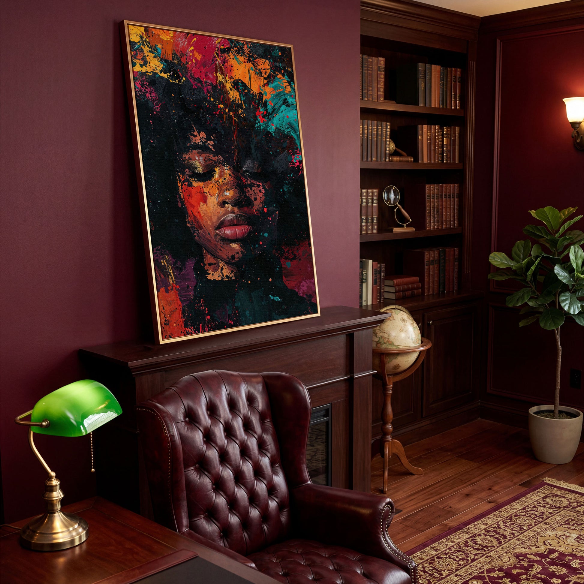 Abstract Colorful Portrait Canvas Print. Vibrant Woman's Face in antique gold floating frame
