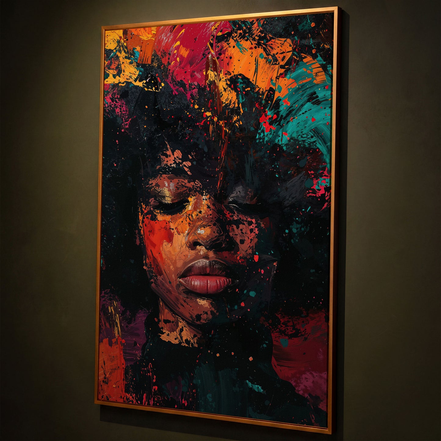 Abstract Colorful Portrait Canvas Print. Vibrant Woman's Face shown in antique gold floating frame