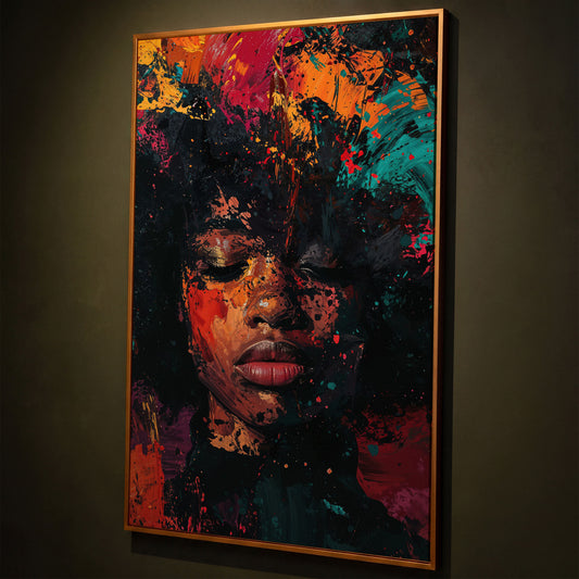 Abstract Colorful Portrait Canvas Print. Vibrant Woman's Face shown in antique gold floating frame