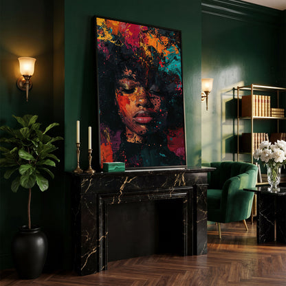 Abstract Colorful Portrait Canvas Print. Vibrant Woman's Face in black floating frame
