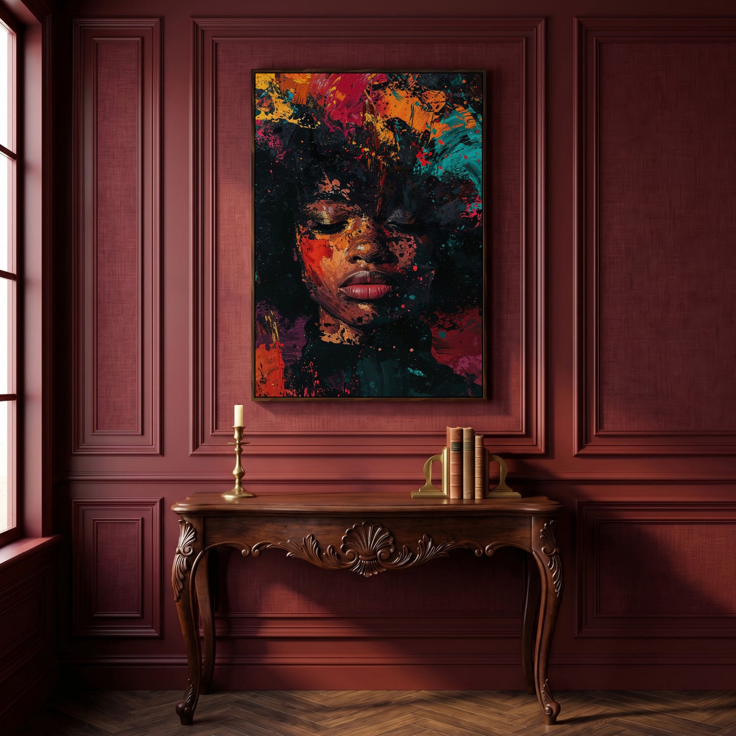 Abstract Colorful Portrait Canvas Print. Vibrant Woman's Face in dark walnut floating frame