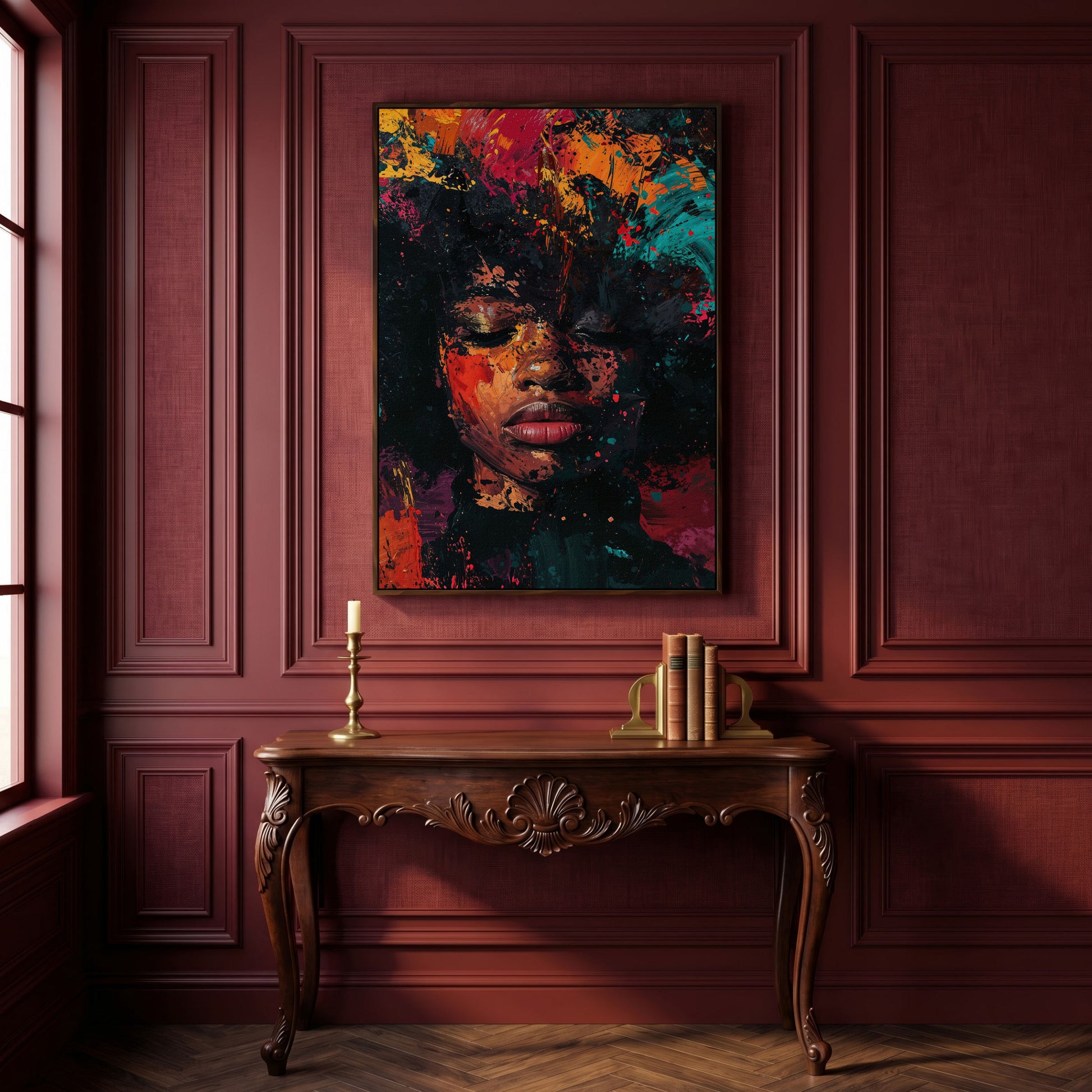 Abstract Colorful Portrait Canvas Print. Vibrant Woman's Face in dark walnut floating frame