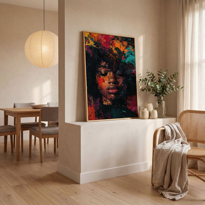 Abstract Colorful Portrait Canvas Print. Vibrant Woman's Face in white oak floating frame