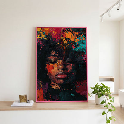 Abstract Colorful Portrait Canvas Print. Vibrant Woman's Face in pink floating frame