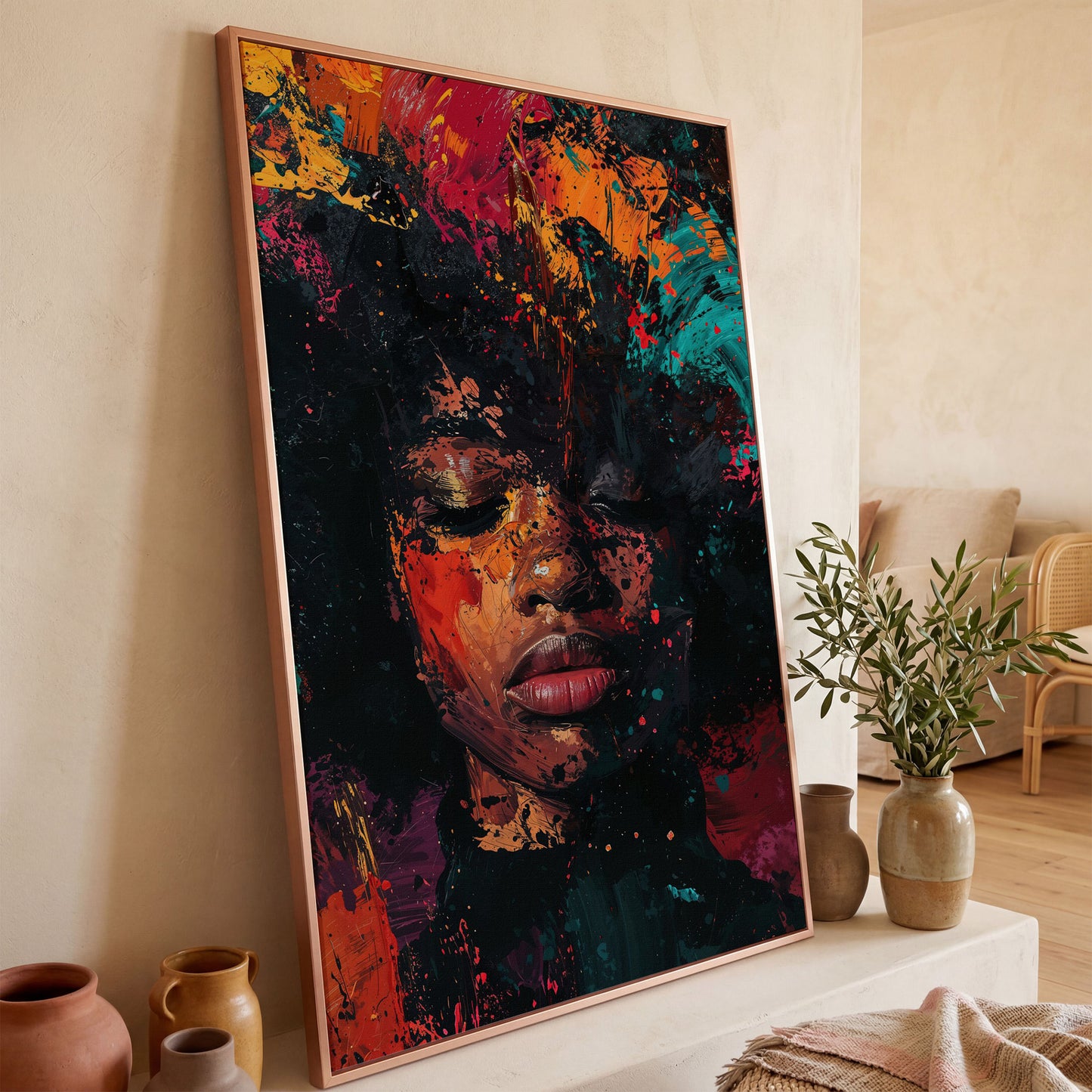 Abstract Colorful Portrait Canvas Print. Vibrant Woman's Face in rose gold floating frame