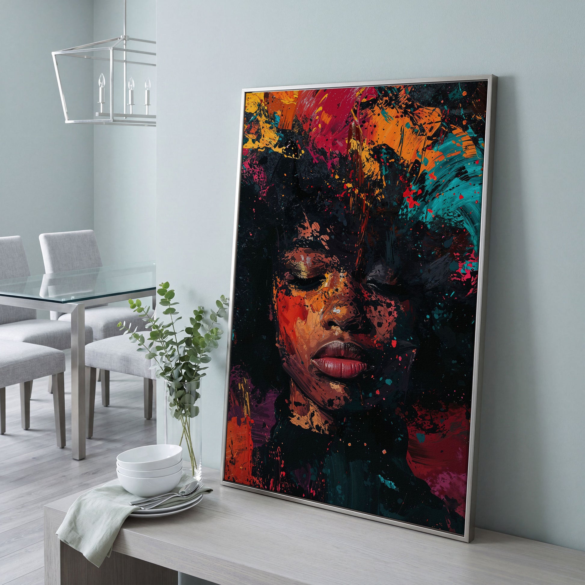 Abstract Colorful Portrait Canvas Print. Vibrant Woman's Face in silver floating frame