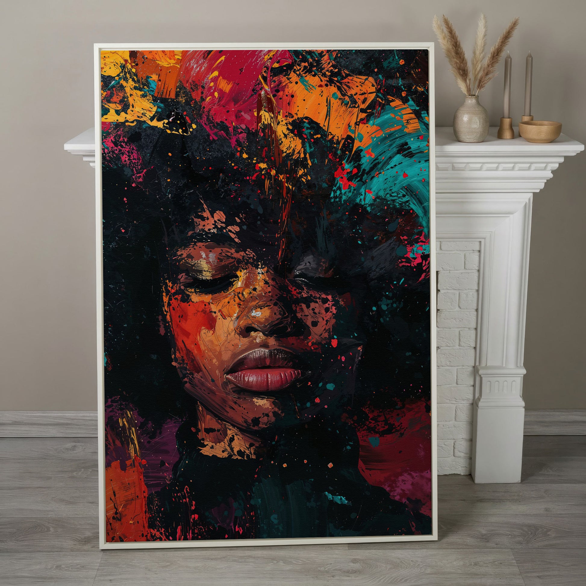 Abstract Colorful Portrait Canvas Print. Vibrant Woman's Face in white floating frame