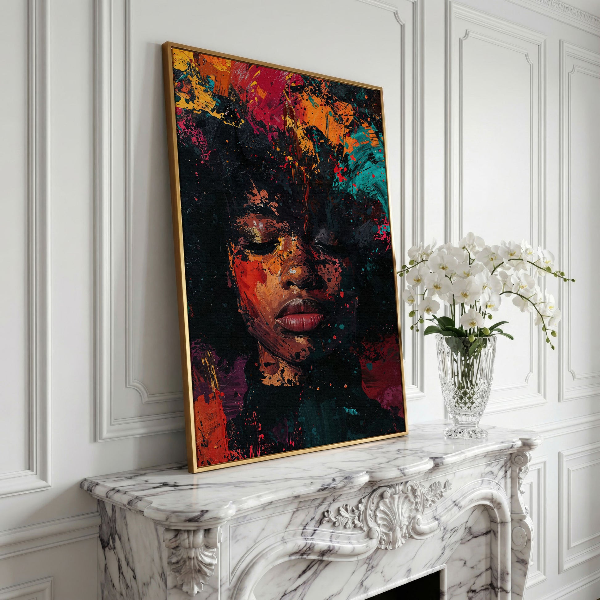 Abstract Colorful Portrait Canvas Print. Vibrant Woman's Face in yellow gold floating frame