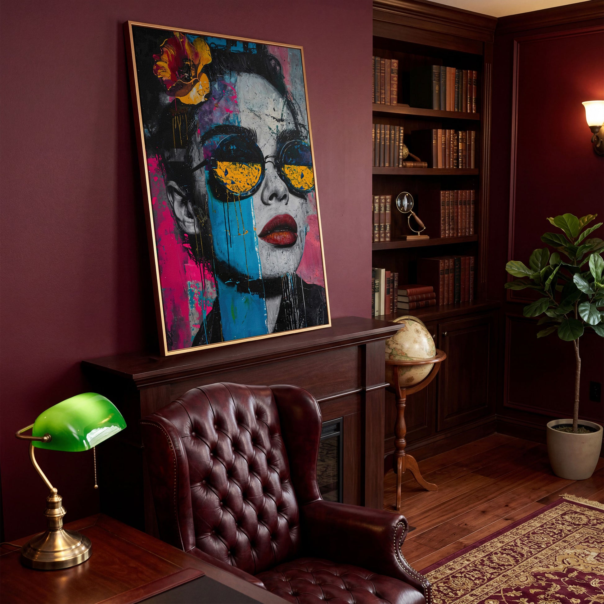 Pop Art Woman in Sunglasses Canvas in antique gold floating frame