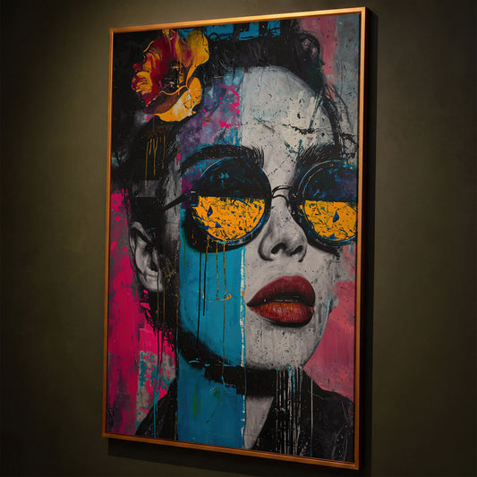 Pop Art Woman in Sunglasses Canvas shown in antique gold floating frame