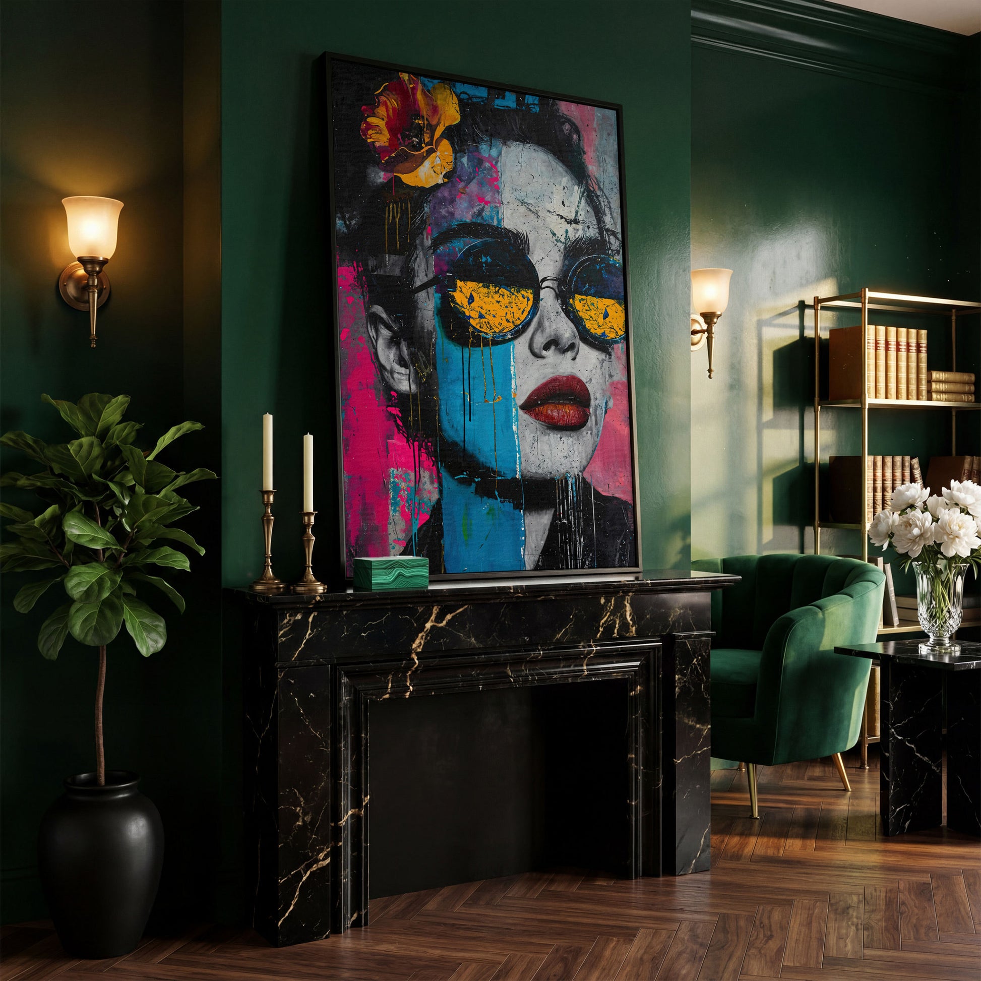 Pop Art Woman in Sunglasses Canvas in black floating frame