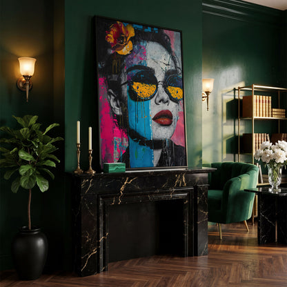 Pop Art Woman in Sunglasses Canvas in black floating frame