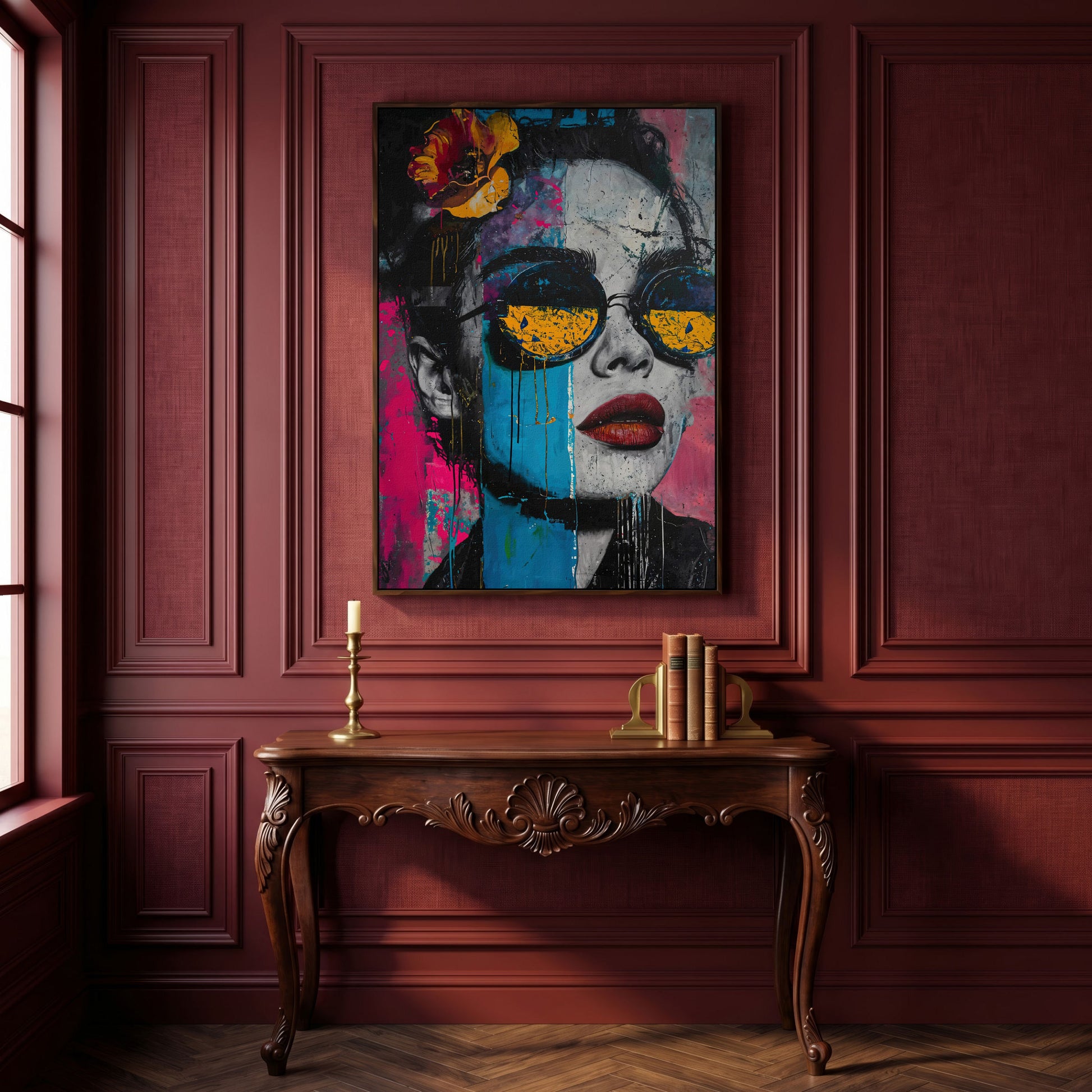 Pop Art Woman in Sunglasses Canvas in dark walnut floating frame