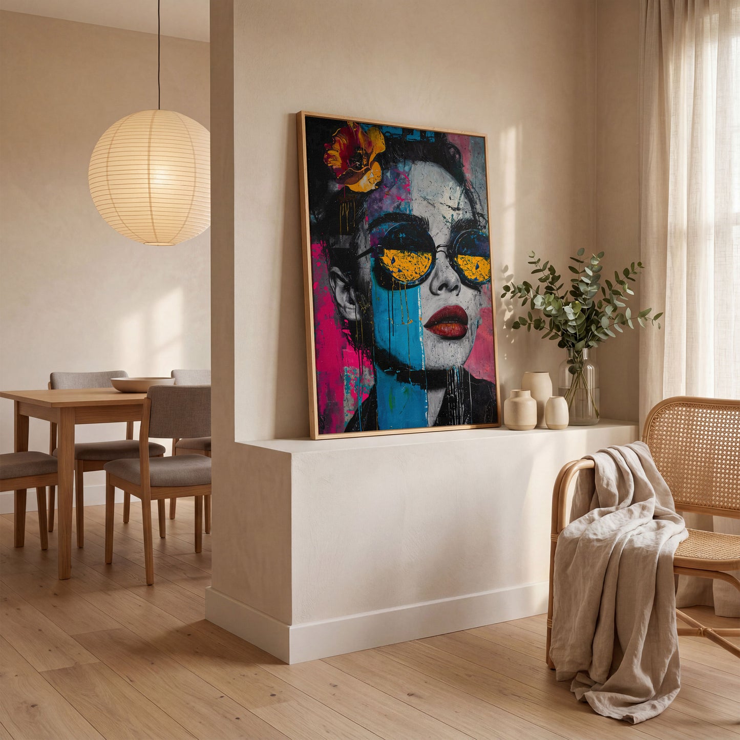 Pop Art Woman in Sunglasses Canvas in white oak floating frame