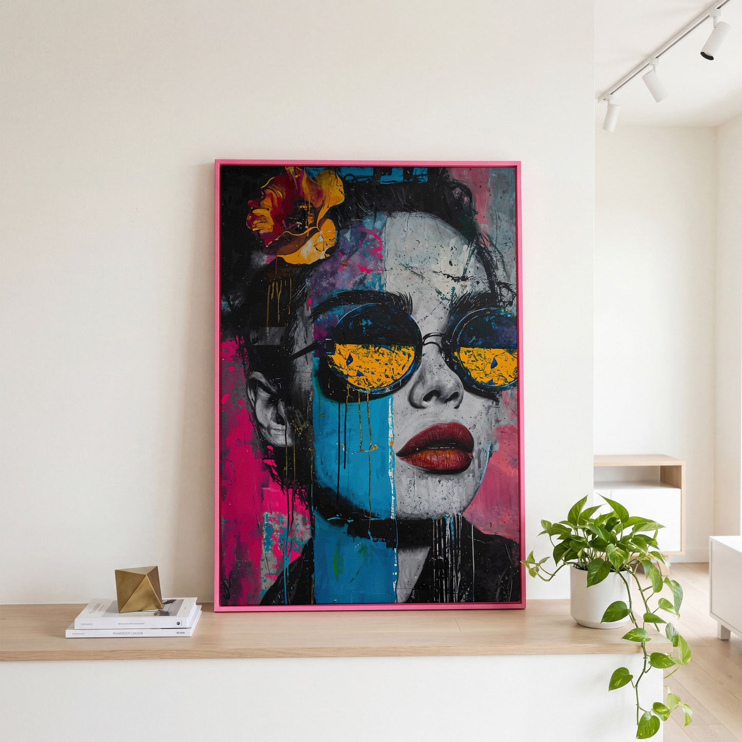 Pop Art Woman in Sunglasses Canvas in pink floating frame