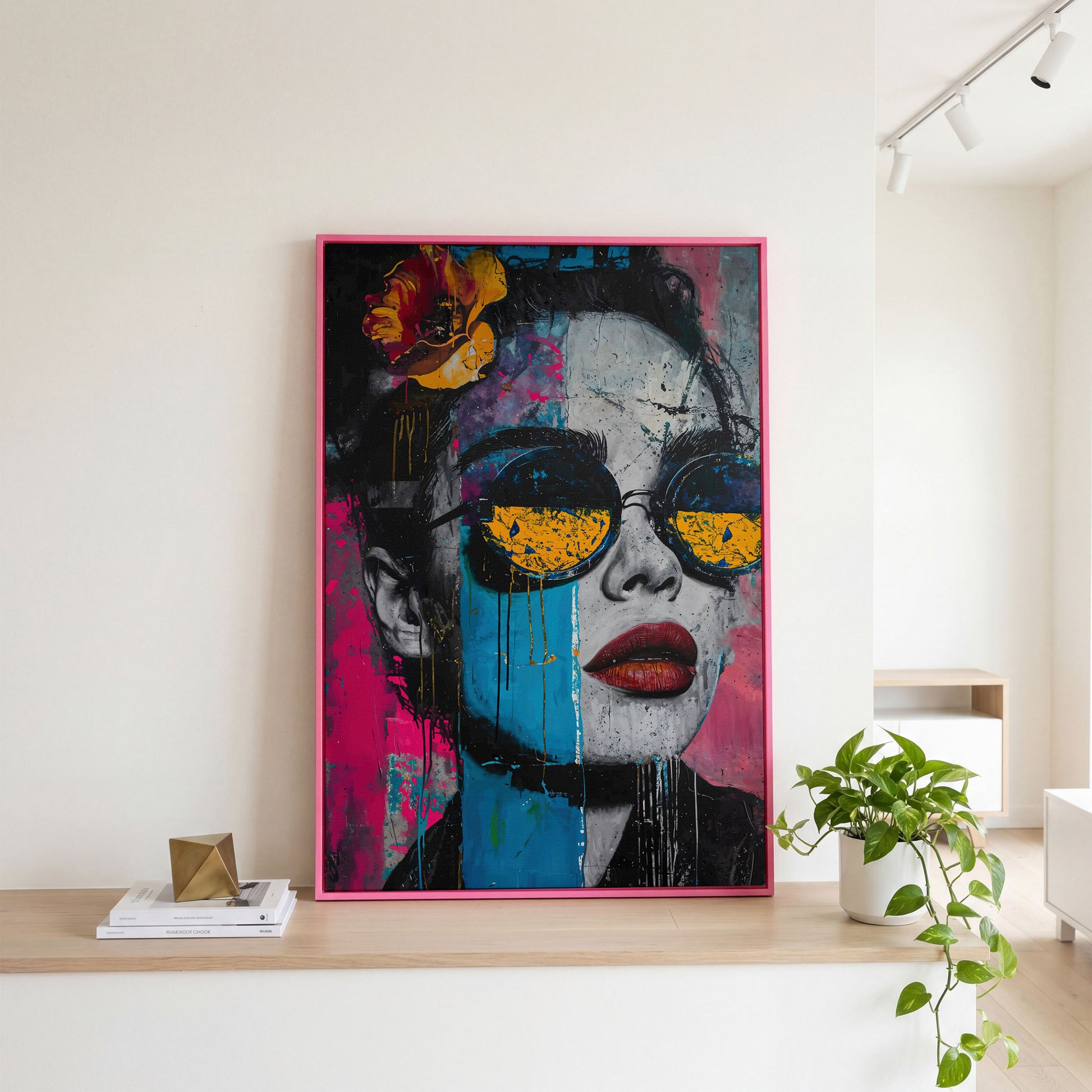 Pop Art Woman in Sunglasses Canvas in pink floating frame