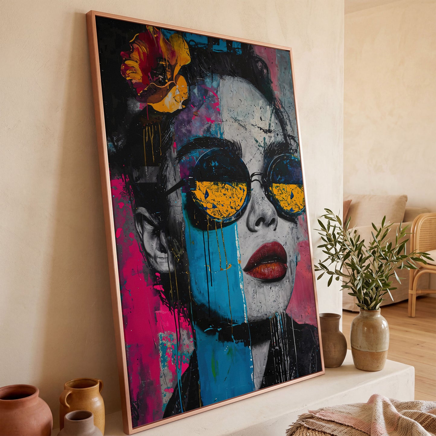 Pop Art Woman in Sunglasses Canvas in rose gold floating frame