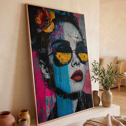 Pop Art Woman in Sunglasses Canvas in rose gold floating frame