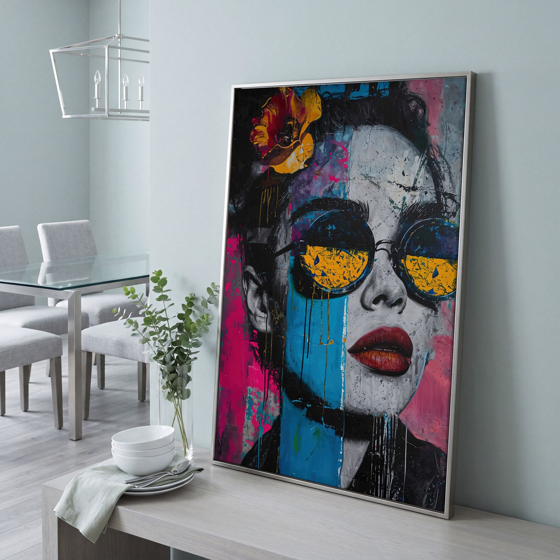 Pop Art Woman in Sunglasses Canvas in silver floating frame
