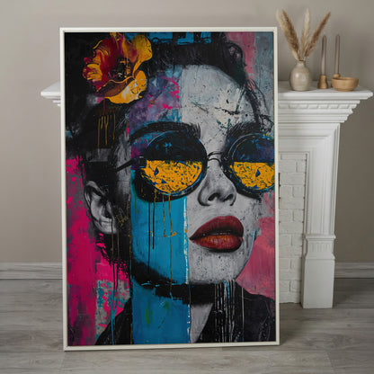 Pop Art Woman in Sunglasses Canvas in white floating frame