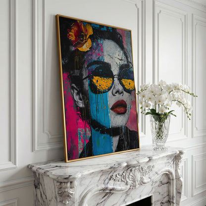 Pop Art Woman in Sunglasses Canvas in yellow gold floating frame