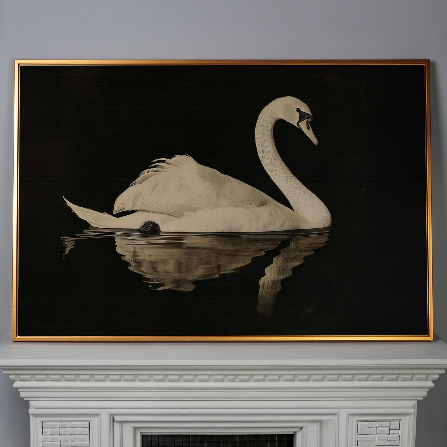 Swan with Water Reflection Canvas Print in antique gold floating frame