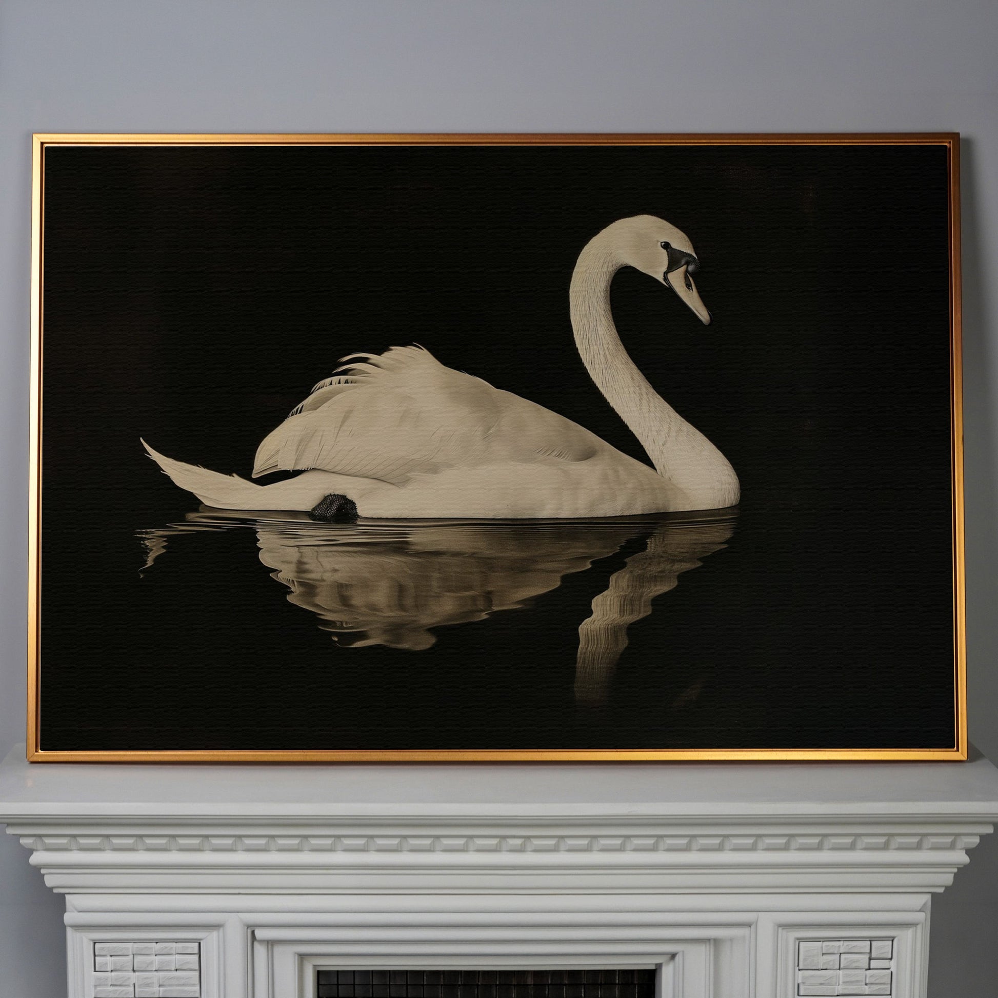 Swan with Water Reflection Canvas Print in antique gold floating frame