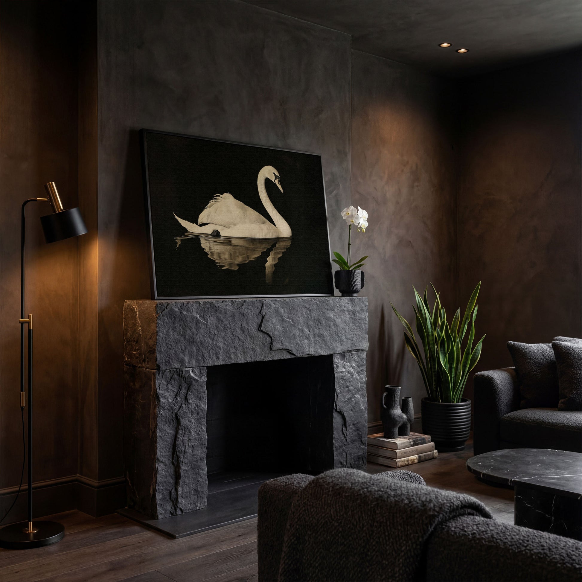 Swan with Water Reflection Canvas Print in black floating frame