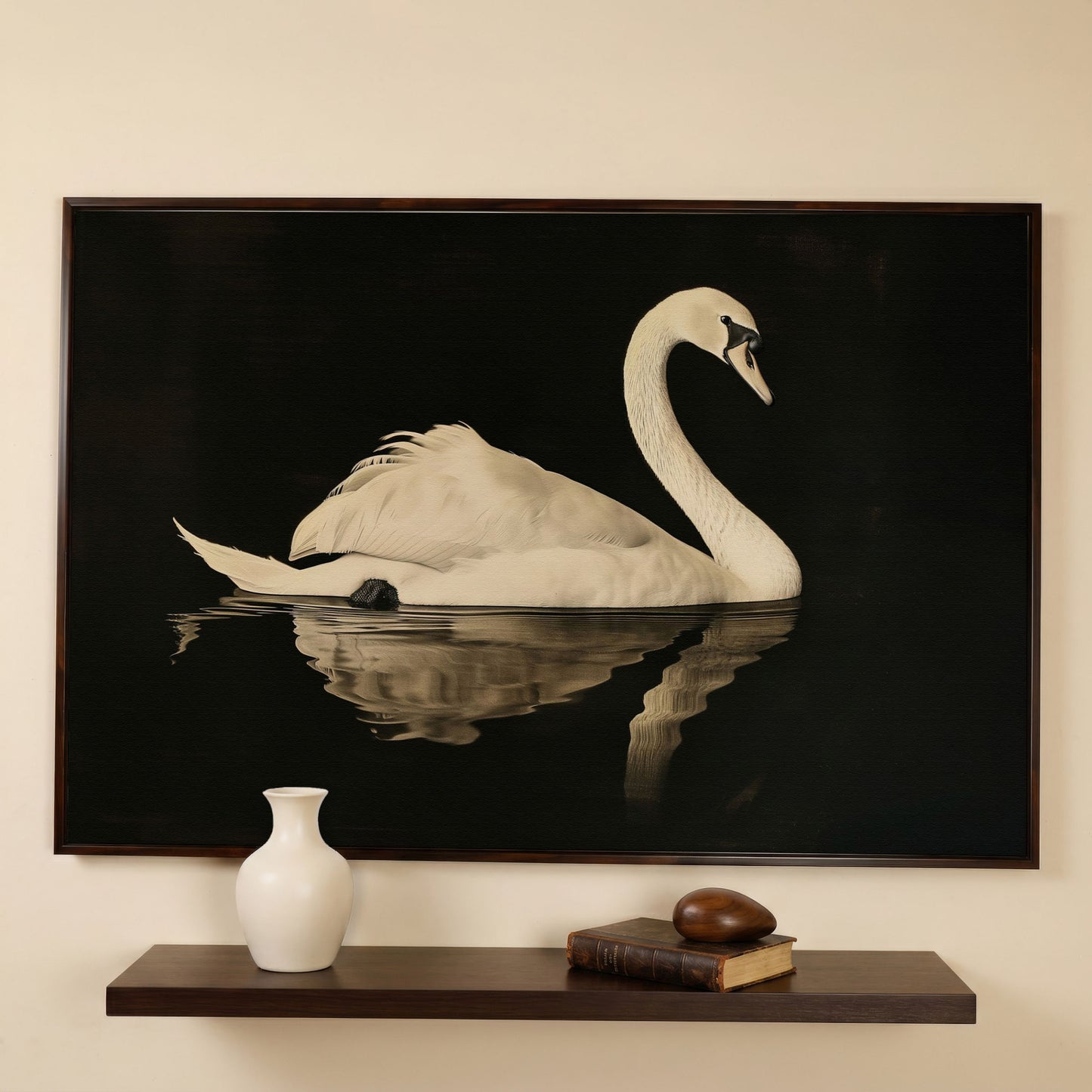 Swan with Water Reflection Canvas Print in dark walnut floating frame