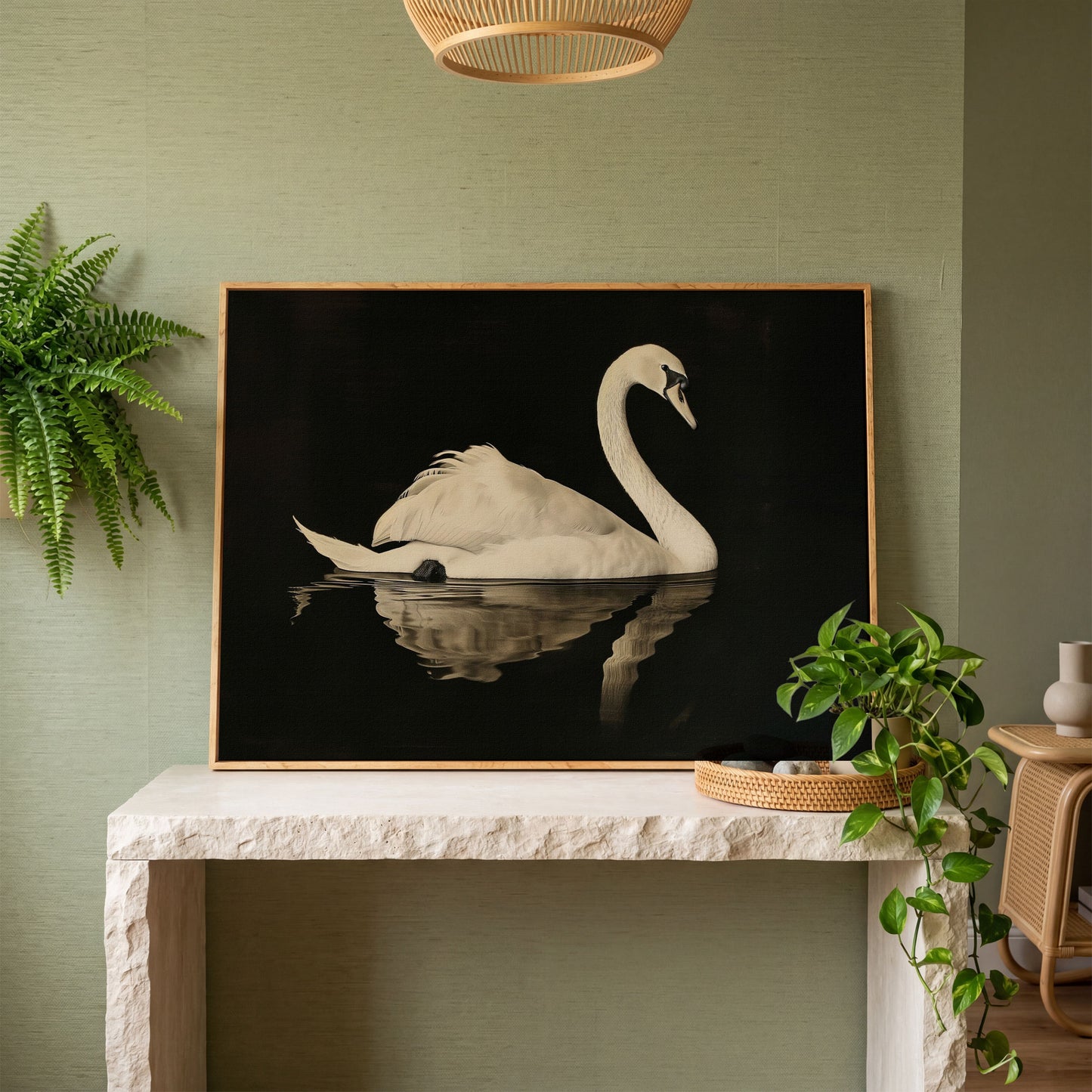 Swan with Water Reflection Canvas Print in white oak floating frame