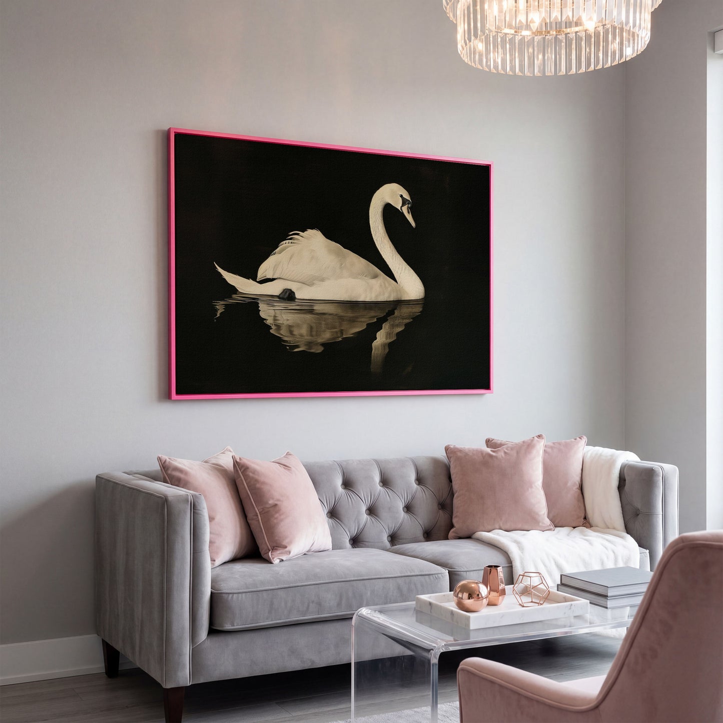 Swan with Water Reflection Canvas Print in pink floating frame