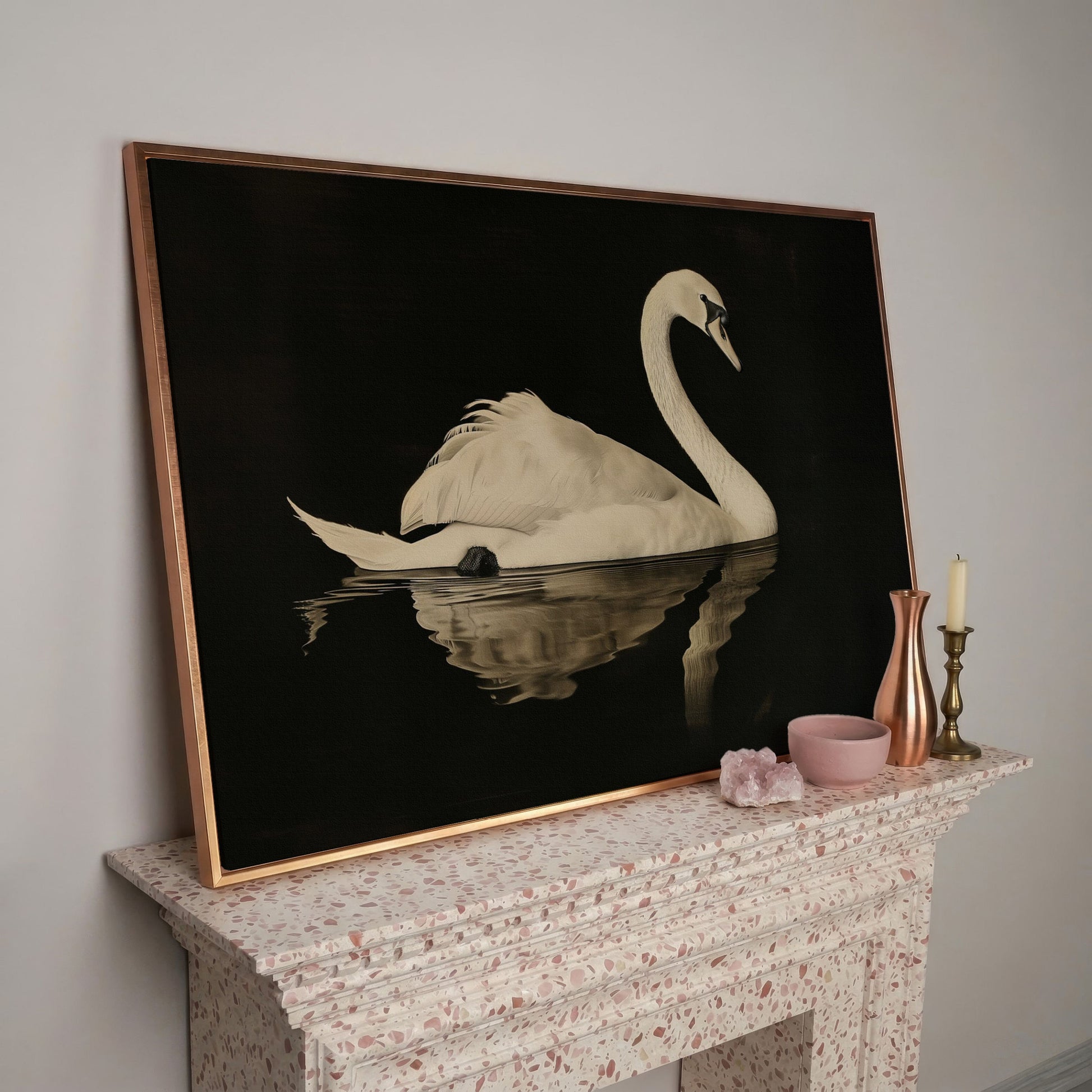Swan with Water Reflection Canvas Print in rose gold floating frame