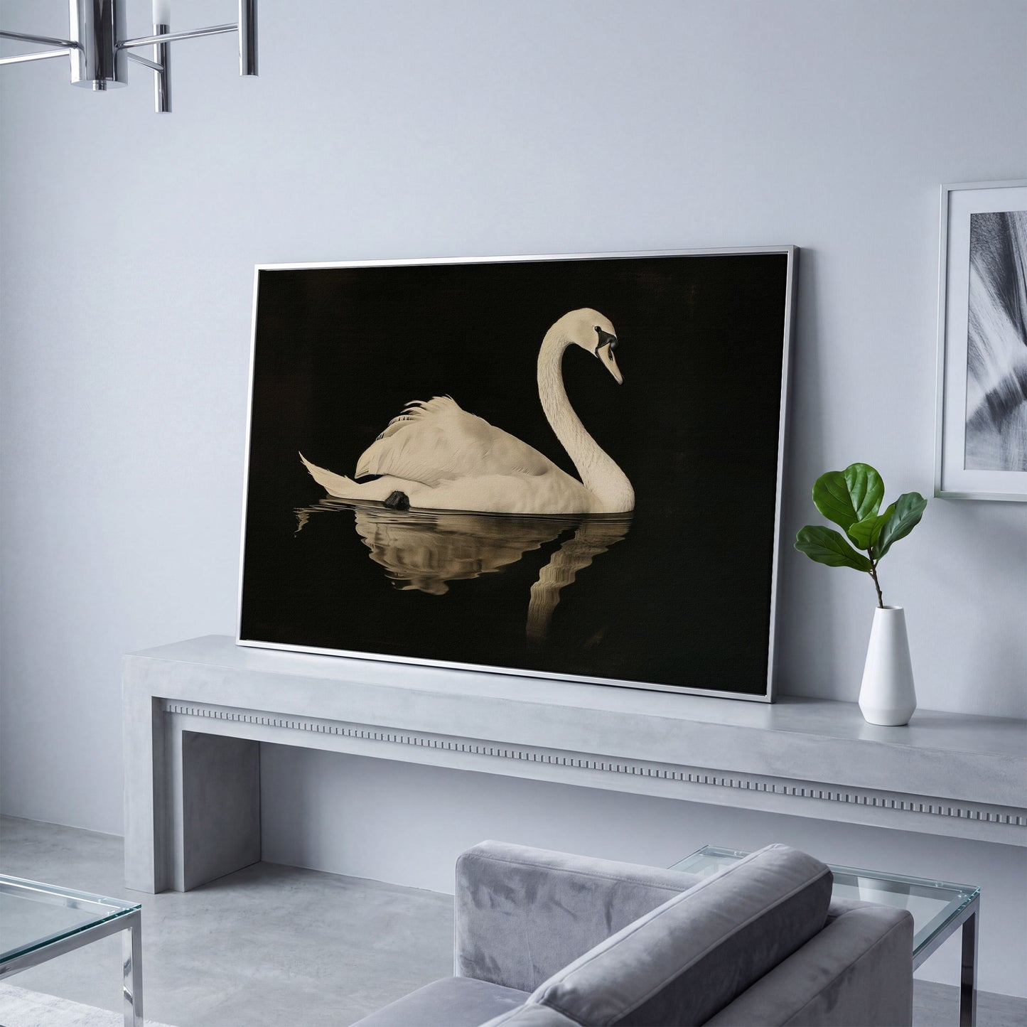 Swan with Water Reflection Canvas Print in silver floating frame