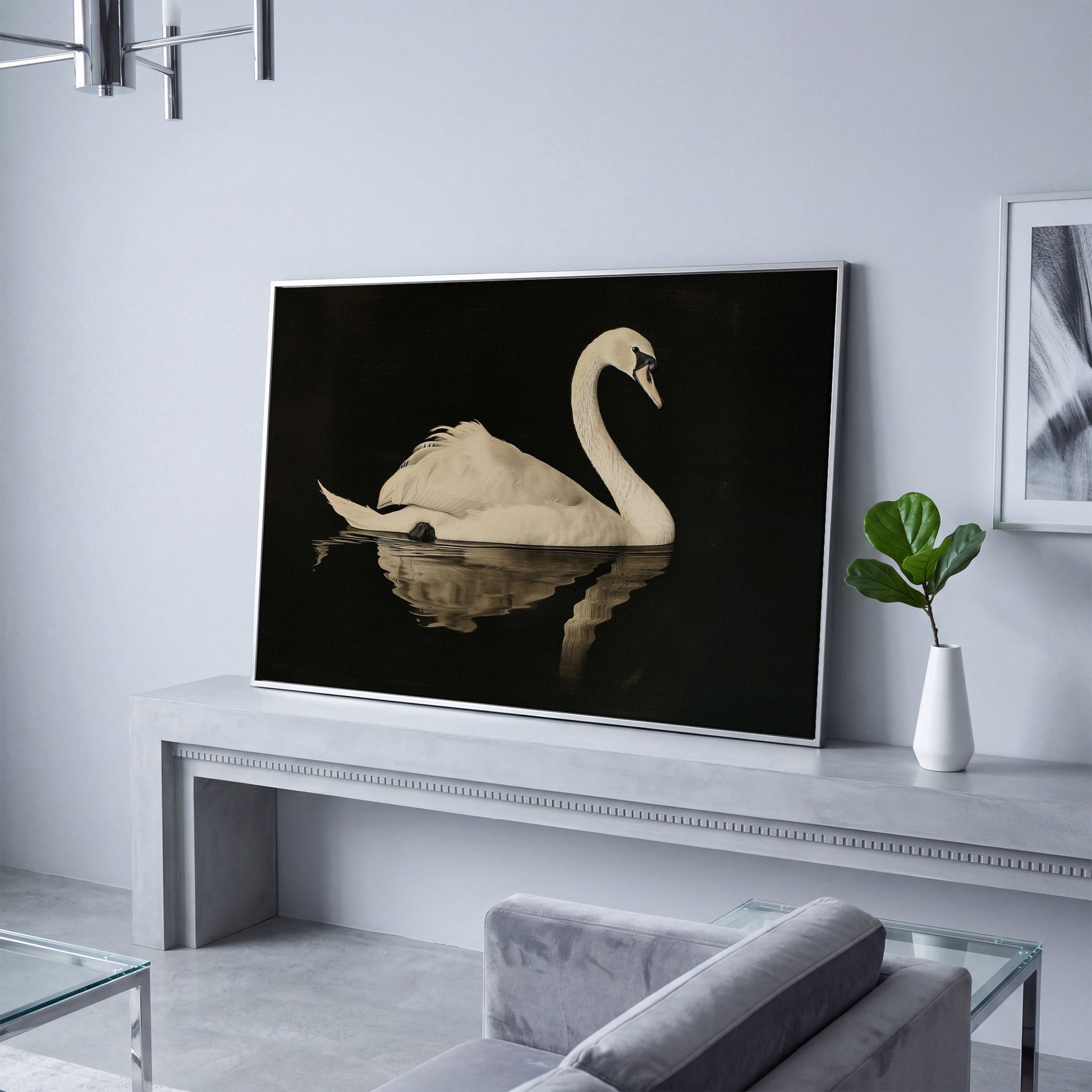 Swan with Water Reflection Canvas Print in silver floating frame