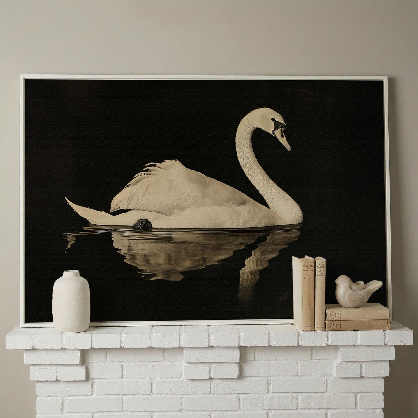 Swan with Water Reflection Canvas Print in white floating frame