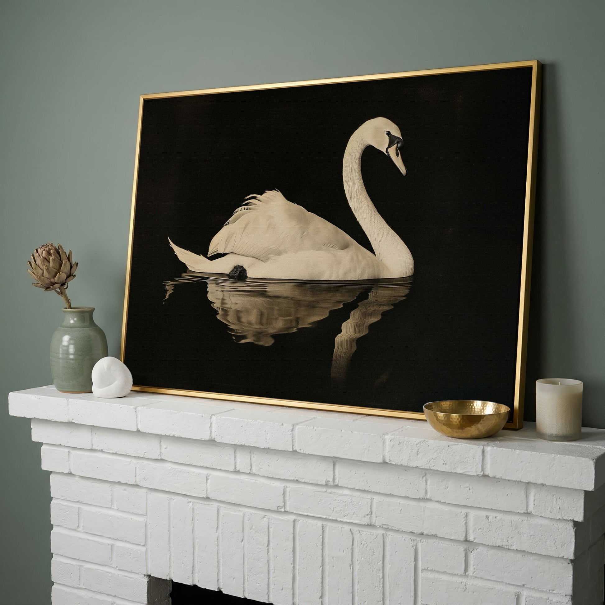 Swan with Water Reflection Canvas Print in yellow gold floating frame