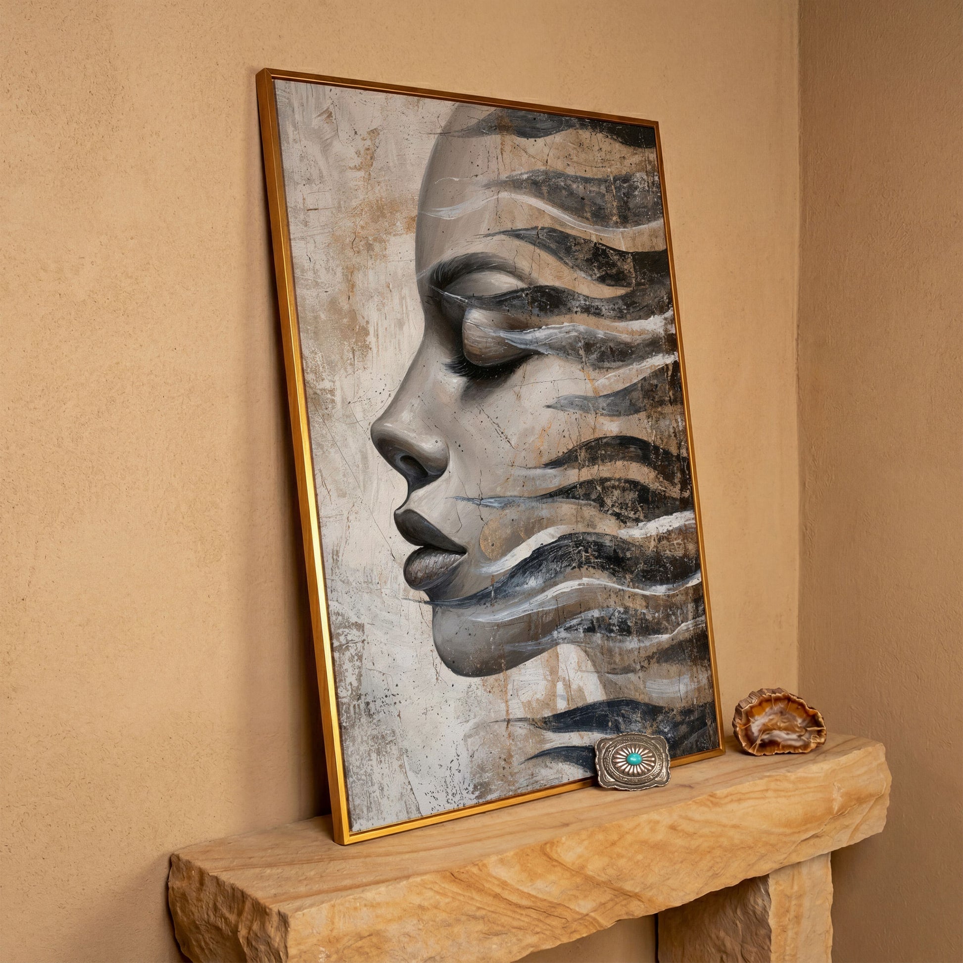 Abstract Woman Face with Waves Canvas Print in antique gold floating frame