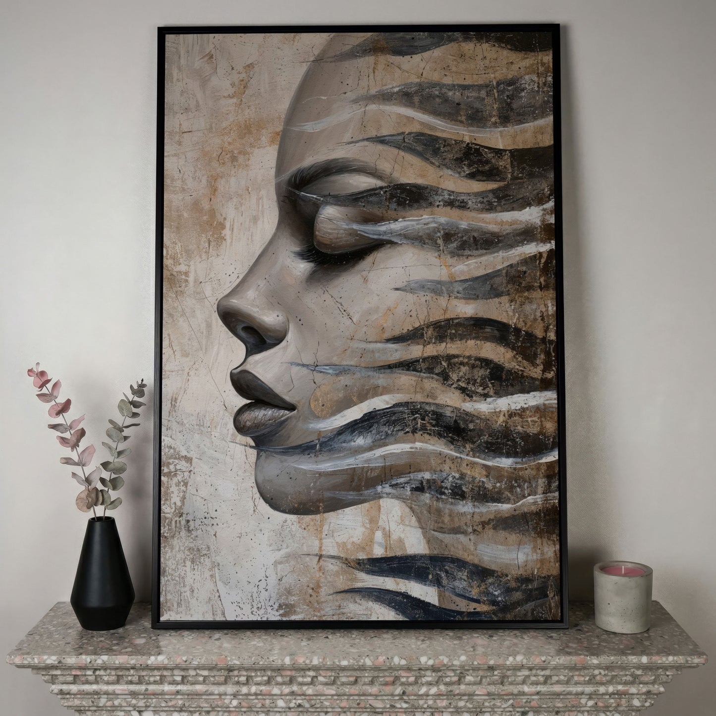 Abstract Woman Face with Waves Canvas Print in black floating frame
