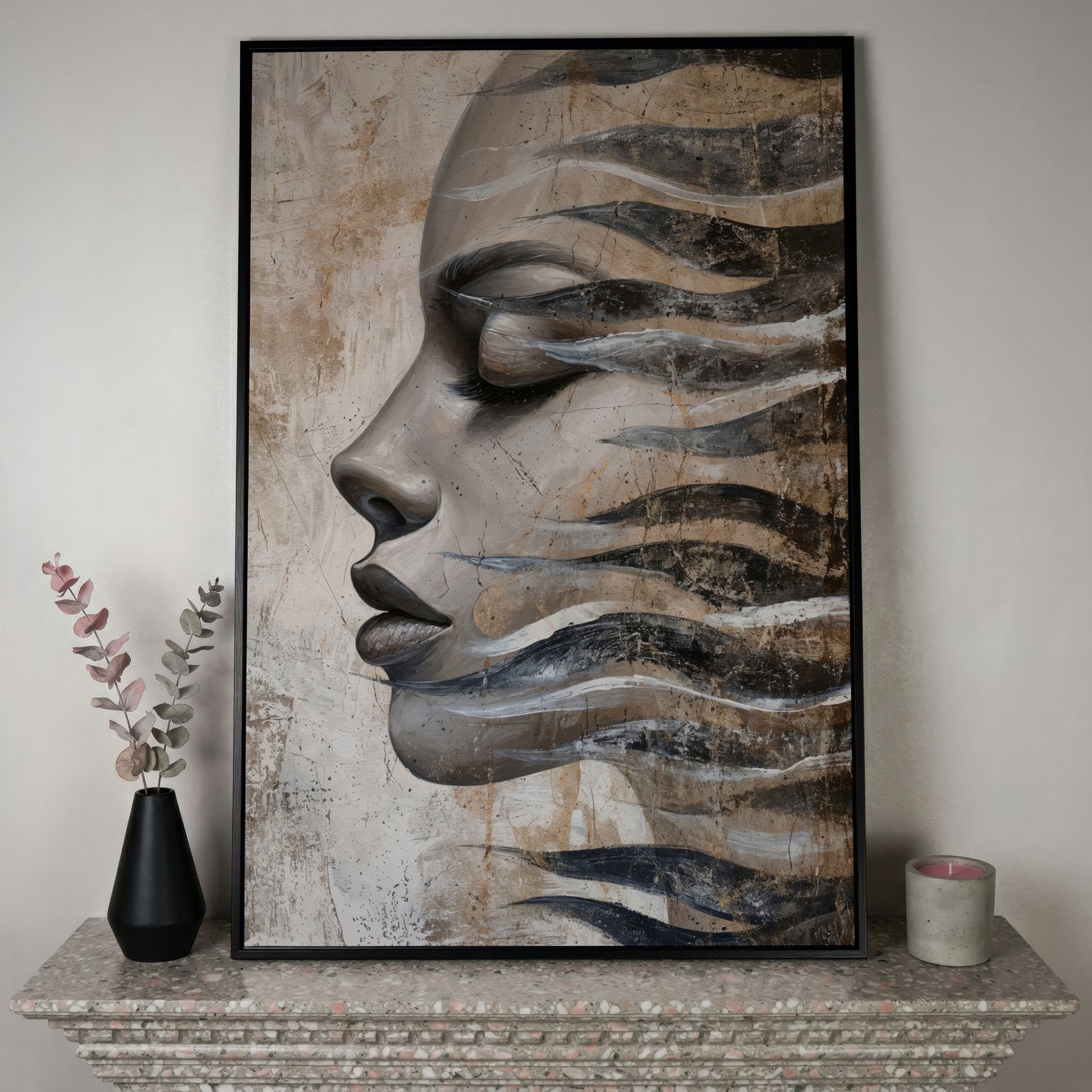 Abstract Woman Face with Waves Canvas Print in black floating frame