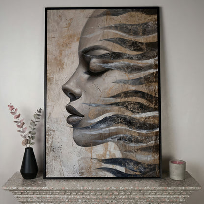 Abstract Woman Face with Waves Canvas Print in black floating frame