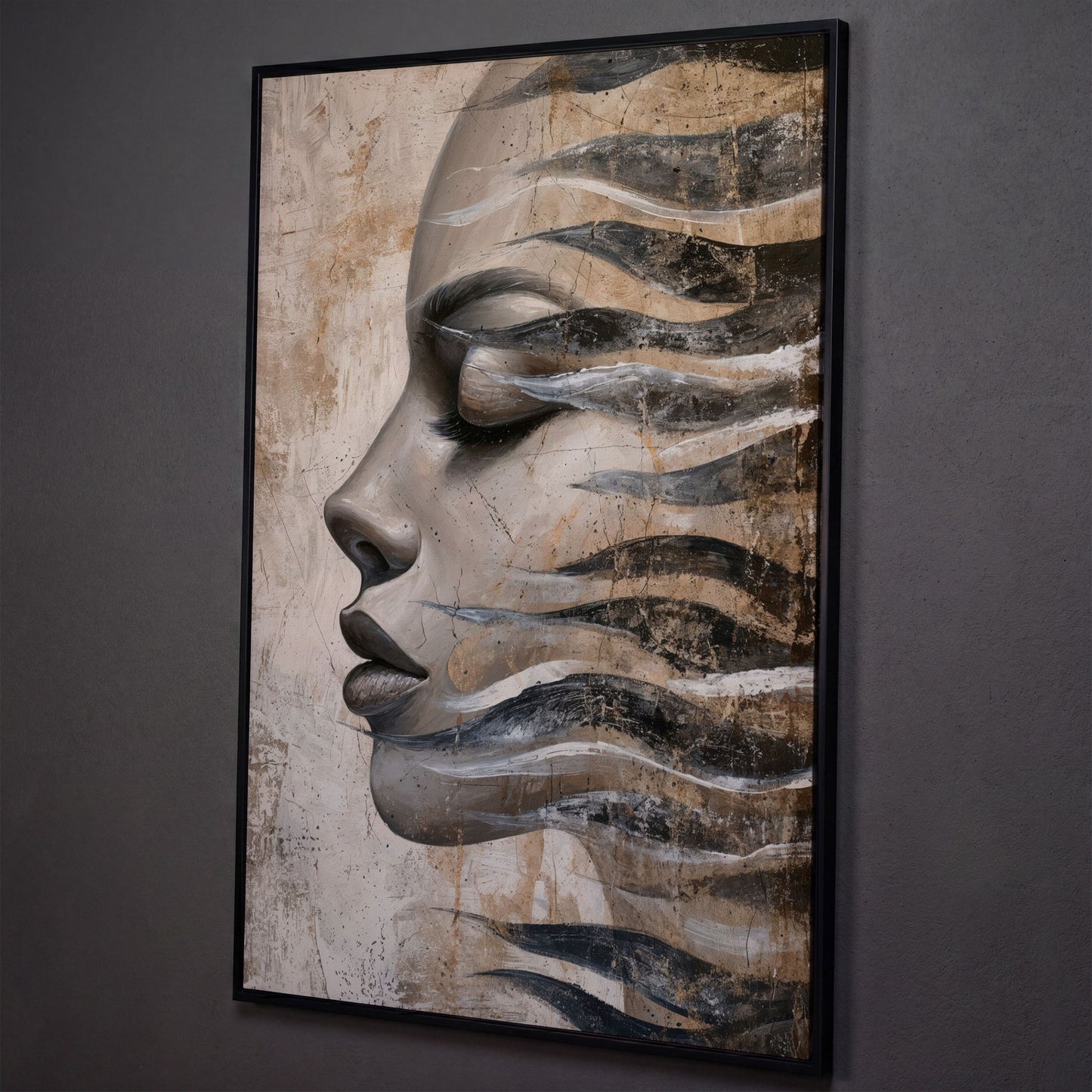 Abstract Woman Face with Waves Canvas Print shown in black floating frame