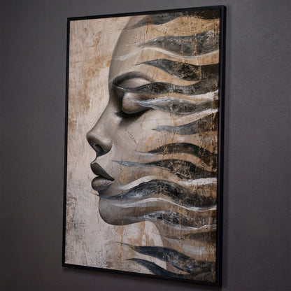 Abstract Woman Face with Waves Canvas Print shown in black floating frame