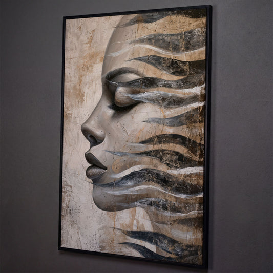 Abstract Woman Face with Waves Canvas Print shown in black floating frame